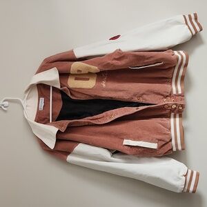 Varsity Jacket White With PINK Corduroy Large
